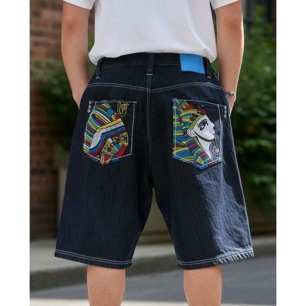 Vintage Y2K Coogi Baggy Shorts Mens 36x15 Dark Blue Embroidered Egyptian Pharaoh